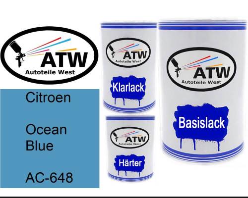 Citroen, Ocean Blue, AC-648: 500ml Lackdose + 500ml Klarlack + 250ml Härter - Set, von ATW Autoteile West.